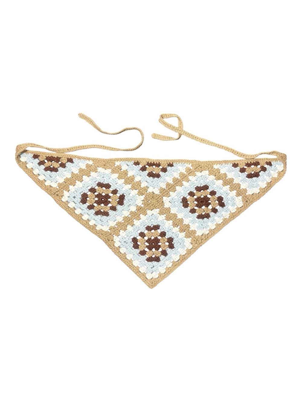 Crochet Triangle Bandana Scarf in Tan, Light Blue & Brown